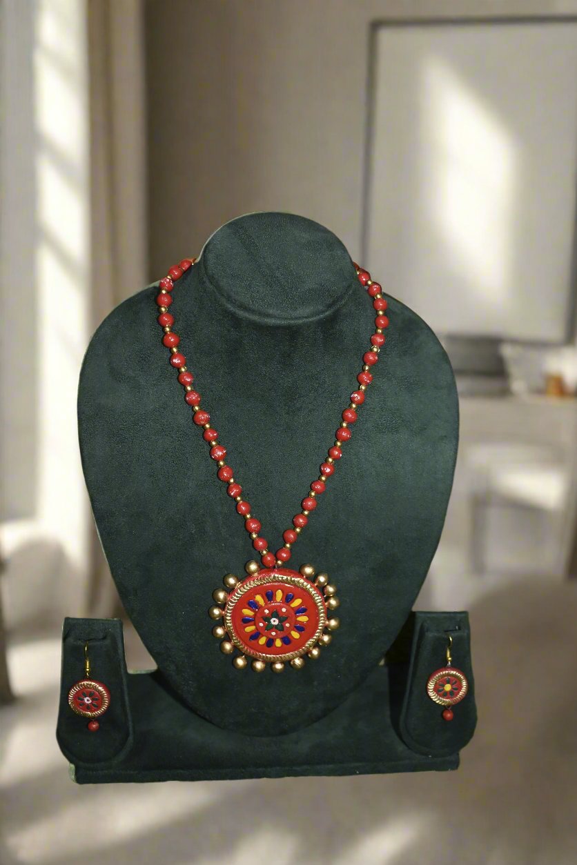 Terracotta Jewellery Set(Red Color, Round Shape)